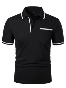 Detail of black polo shirt showing piqué fabric texture and white stripe accents