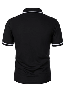Rear view of a black men's polo shirt featuring white stripe accents on the collar and cuffs