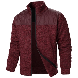 Detail view of burgundy knit cardigan featuring quilted shoulder patches and full zipper