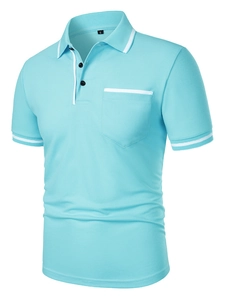 Detail of light blue Polo shirt featuring mesh fabric, white stripes, and chest pocket