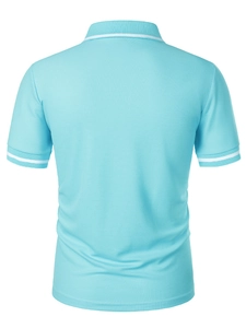 Close-up of sky blue polo shirt back view showing breathable honeycomb mesh cotton fabric