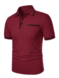 Detail of dark red polo shirt featuring chest pocket with black contrast stripe and three buttons