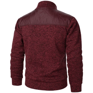 Back view of men's wine red knit cardigan featuring quilted texture patch on the upper back
