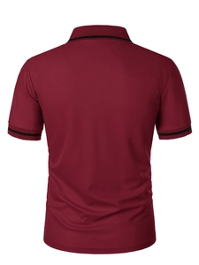 Rear view of burgundy men's polo shirt featuring ribbed collar and black double stripes