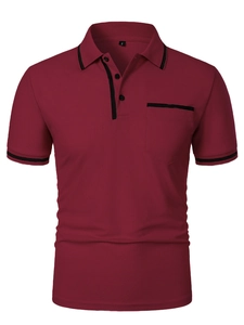Detail of burgundy polo shirt with black striped collar, pocket, and three-button placket