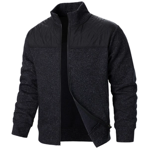 Detail of grey knitted cardigan with black quilted shoulder patches and stand collar