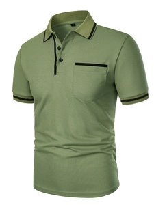 Detail view of sage green Polo shirt collar with contrast stripes and button pocket