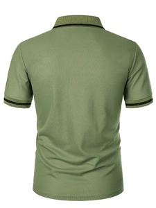 Close-up of olive green polo shirt back featuring breathable mesh fabric and black stripes