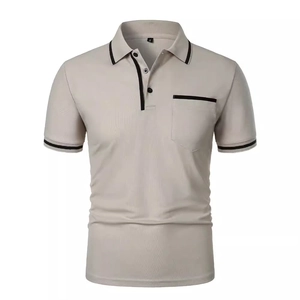 Men's khaki short-sleeve polo shirt with black contrast stripes on collar and chest pocket