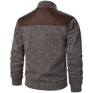 Detailed back view of men's knit cardigan with brown quilted shoulder patch and ribbed hem