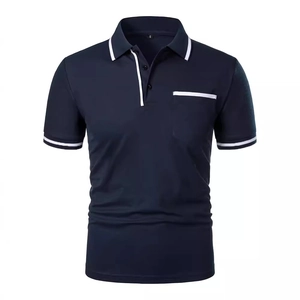 Men's navy blue short sleeve polo shirt with white contrast piping and chest pocket