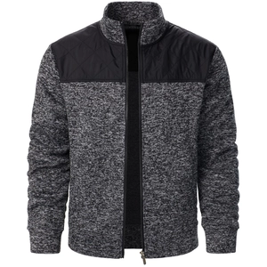 Close-up of men's knit cardigan with quilted shoulder patches and full zip detail