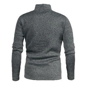 Back view of men's gray knitted jacket showing textured fabric and stand collar detail