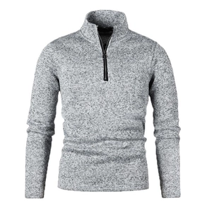 Men's grey marl knit sweater featuring a stand collar and half-zip closure design