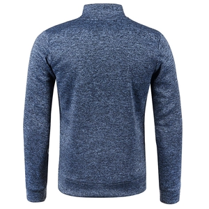 Rear view of men's quarter-zip knit sweater in blue marl with ribbed cuffs and hem