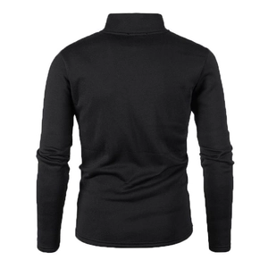 Detailed back view showing the fine ribbed texture and premium stitching of the black turtleneck
