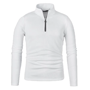 Men's white quarter-zip sweatshirt in ribbed knit fabric with stylish high collar design