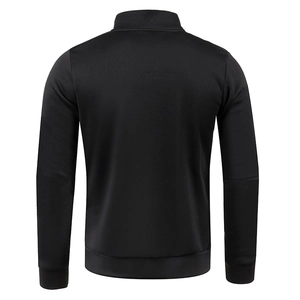 Rear view of a men's black knit pullover with ribbed cuffs and stand collar detail