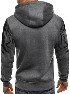 Detailed back view of men's gray hooded sweatshirt with black abstract graphic sleeve prints