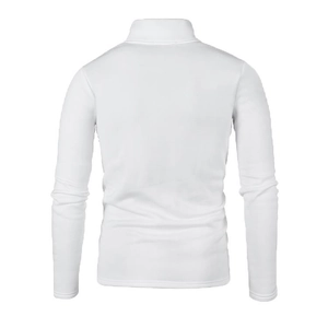 Detail view of the back of a men's white high-neck sweater with fine knit texture