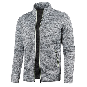 Detail of heather grey knit jacket with neon zipper accents and ribbed cuffs on the sleeves
