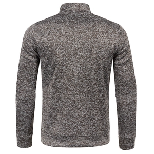 Back view of a men's knit jacket in heathered brown and gray with ribbed cuffs