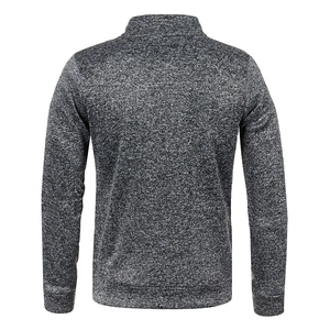 Rear view of men's knit sweater in marled grey with stand collar and ribbed cuffs