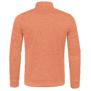 Back view of a coral orange half-zip knit sweater with high-quality heathered fabric texture