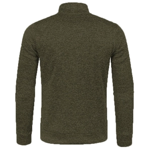 Back view of men's olive green zip-up sweater showing premium fleece-lined knit texture