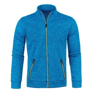 Close-up of royal blue knitted men's zip jacket showing textured fabric and collar