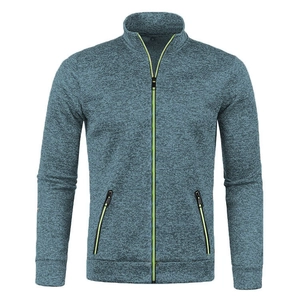 Close-up of heather blue-grey knit jacket with vibrant lime green zipper details