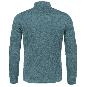 Detail view of men's blue-gray marl knit sweater showing back texture and ribbed cuffs