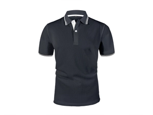 Detail van donkergrijs ice silk poloshirt met wafeltextuur en witte gestreepte bies