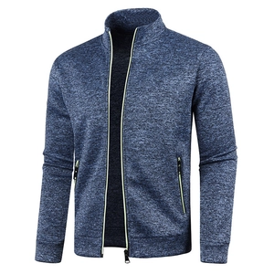 Men's dark blue marl knit jacket with stand collar and full zipper closure style
