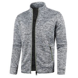 Men's grey knit zip-up cardigan with stand collar and fluorescent green accents