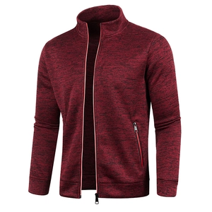 Men's dark red knit zip-up cardigan with stand collar and textured heather fleece fabric