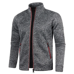 Men's grey knit cardigan sweater with stand collar and red zipper detail highlights