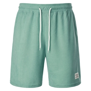 Mens mint green corduroy shorts with elastic drawstring waist and woven sports label