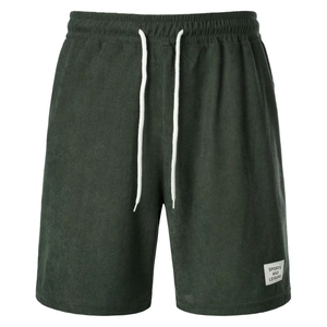 Dark green corduroy casual shorts with drawstring waist and sports and leisure woven label