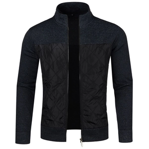 Men's slim-fit zip cardigan jacket with quilted rhombus front and knit sleeves