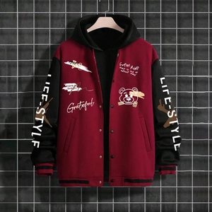 Herren Baseballjacke in Weinrot mit schwarzen Ärmeln und Grafikdruck im Streetstyle-Look