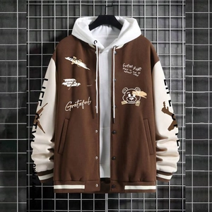 Herren Baseballjacke im American Streetwear-Stil mit Bären-Grafik und Kapuze auf Netzgitter