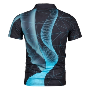 Rear view of black men's polo shirt with blue 3D geometric waves and mesh texture