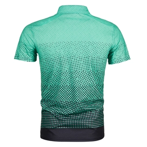 Back view of men's green 3D polo shirt with geometric patterns and gradient halftone details