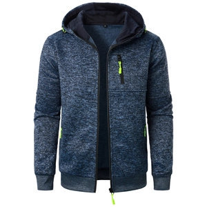 Detail shot of men's marl blue knit hoodie with neon green zippers and size S tag