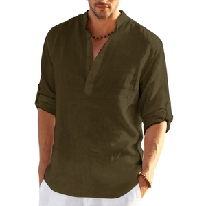 Detail view of military green linen shirt texture with Henley neck and rolled-up button sleeves