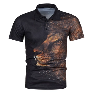 Men's fashion slim fit black polo shirt featuring a realistic 3D lion head graphic print