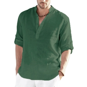 Detail of forest green men's linen shirt showing the classic Henley collar and buttons