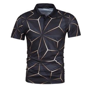 Detail of three-button polo collar with modern 3D geometric gold star patterns