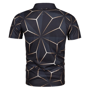 Back view of men's polo shirt with gold and grey geometric star pattern on black fabric